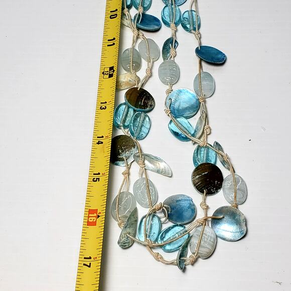 Blue Glass Bead Shell Multi Strand Necklace Extra Long 32" Beachy - Picture 6 of 7